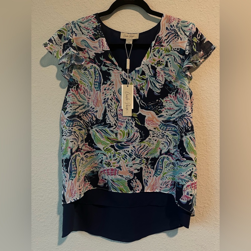 Charlie Paige Navy and Multicolor Blouse Size M New With Tags